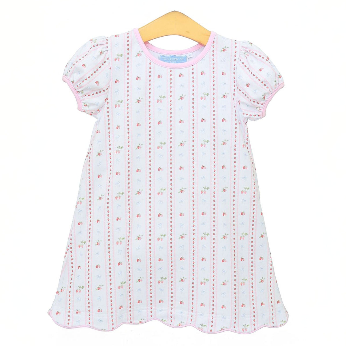 Toddler girl knit dress with a strawberry pattern, pink, trim, and a scalloped hemline.