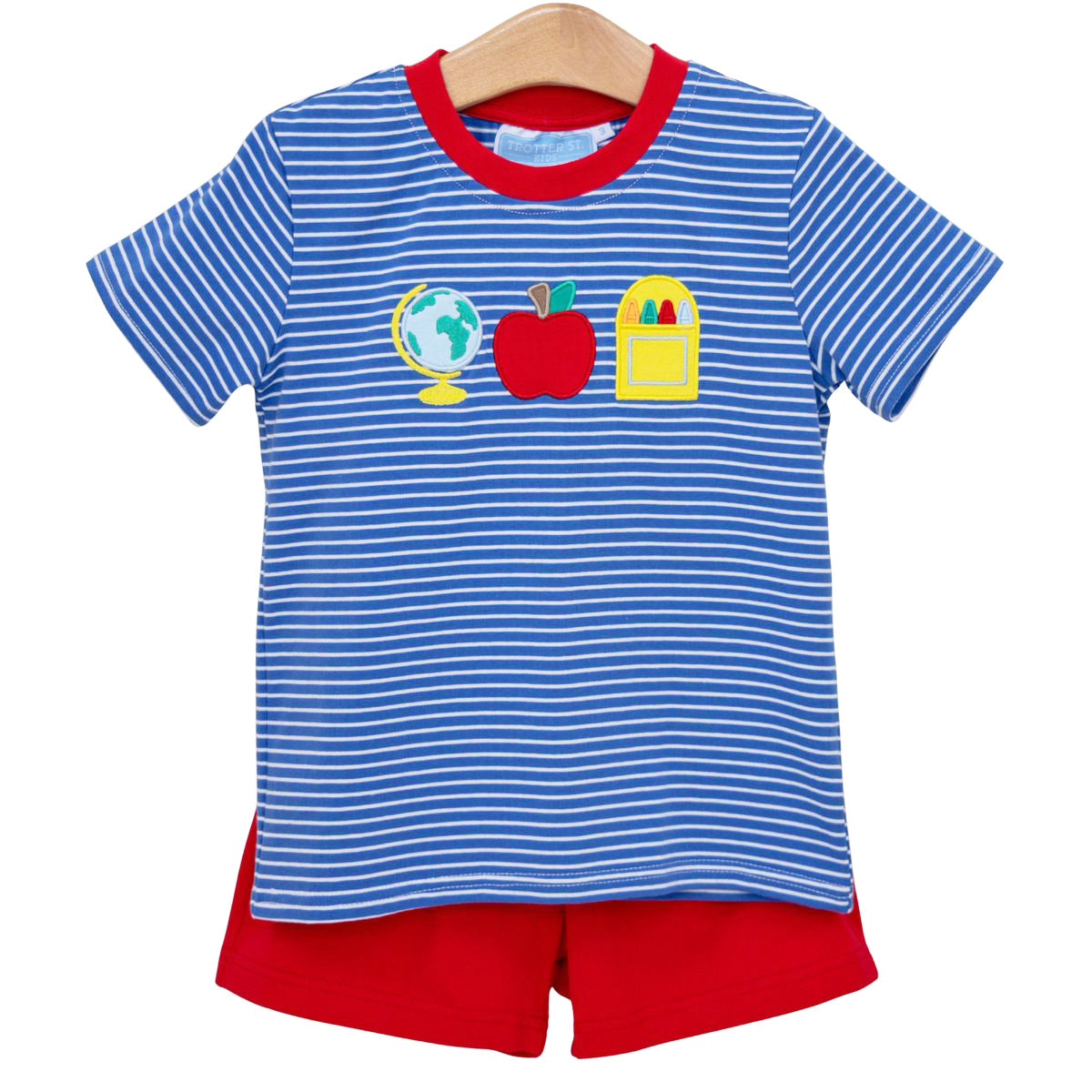 Boys back to school short set with blue stripe pattern, appliqued school supplies, and red shorts.