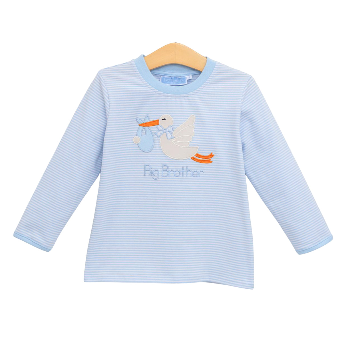 A boy's long-sleeve t-shirt with light blue and white horizontal stripes, featuring a stork applique and the text 'Big Brother' on the chest.