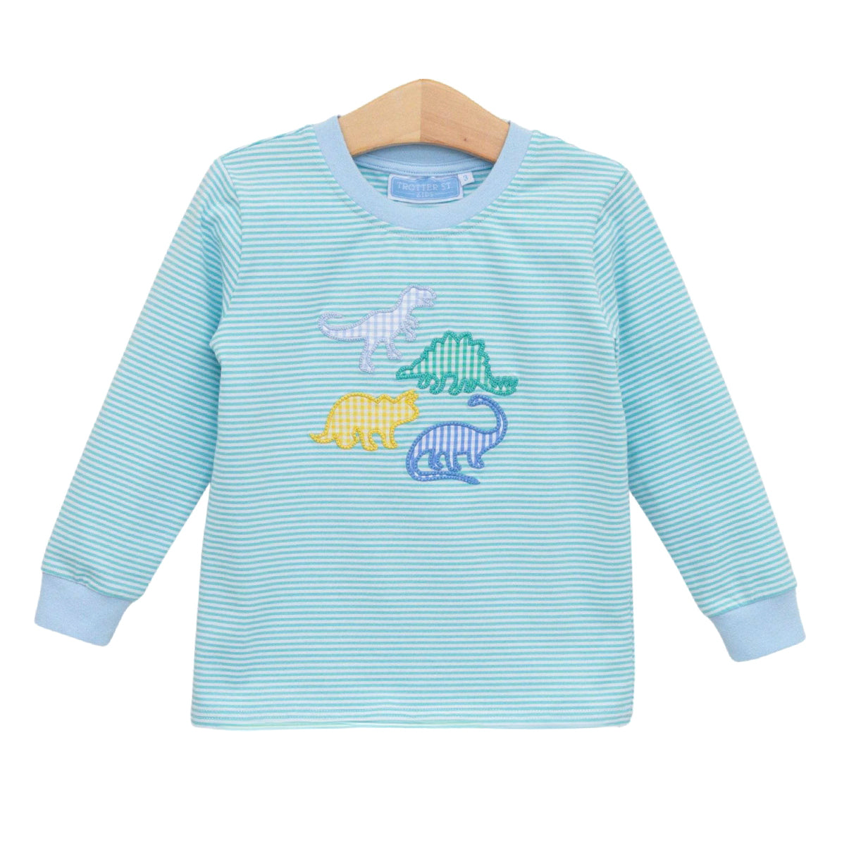 A toddler boy aqua blue and white striped long-sleeve shirt with light blue trim featuring appliqued dinosaur motifs in yellow, green, and blue.