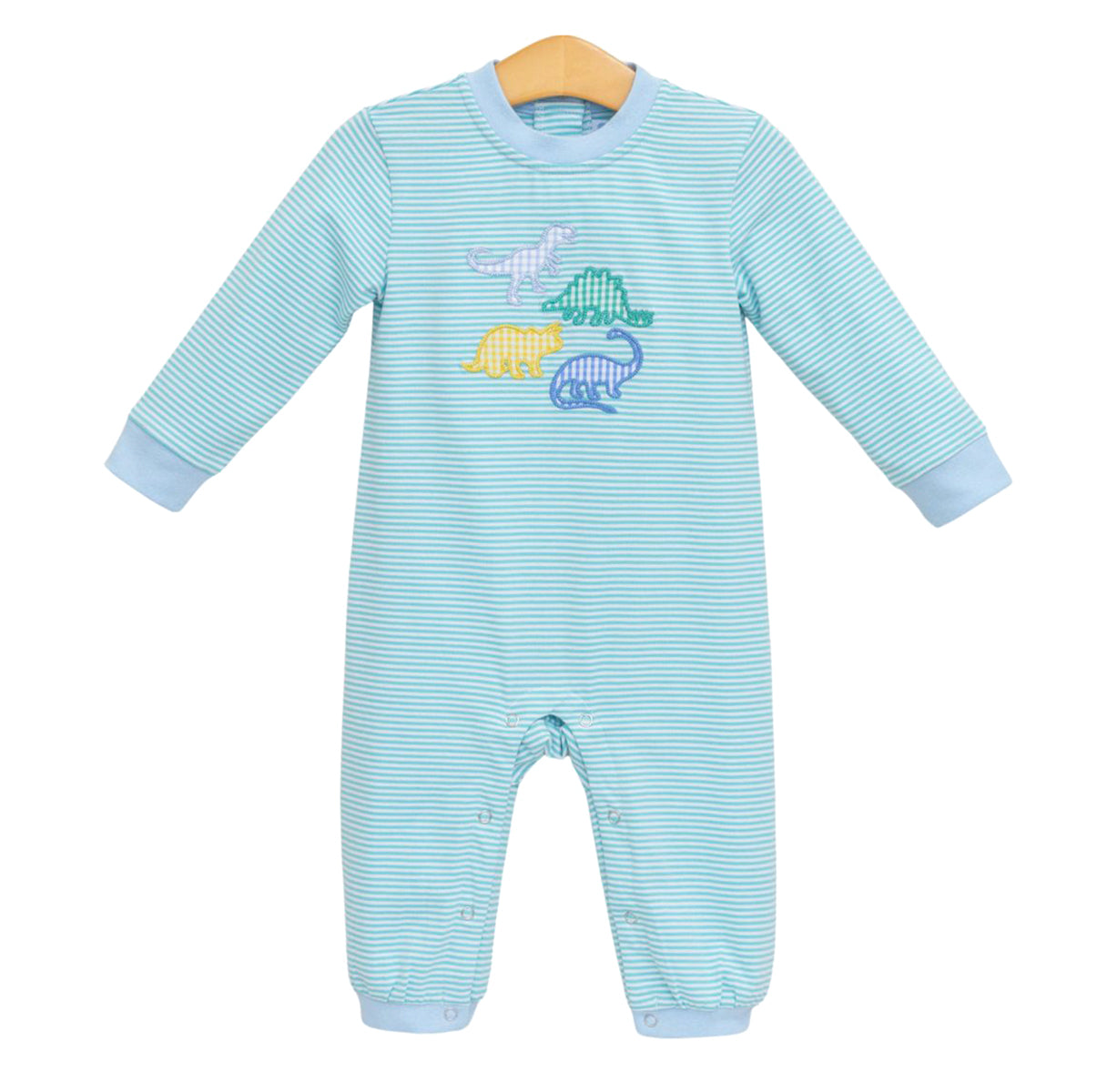 A baby boy's aqua blue and white striped long-sleeve romper with light blue trim featuring appliqued dinosaurs in yellow, green, and blue.