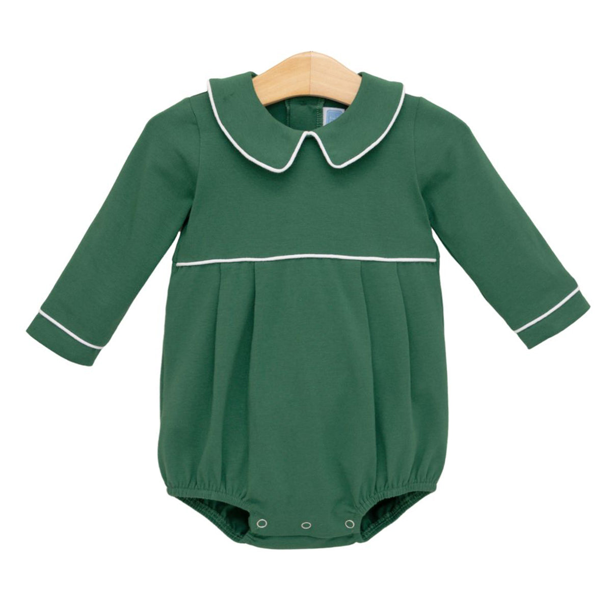A dark green long-sleeve baby boy bubble romper with a Peter Pan collar white piping trim.