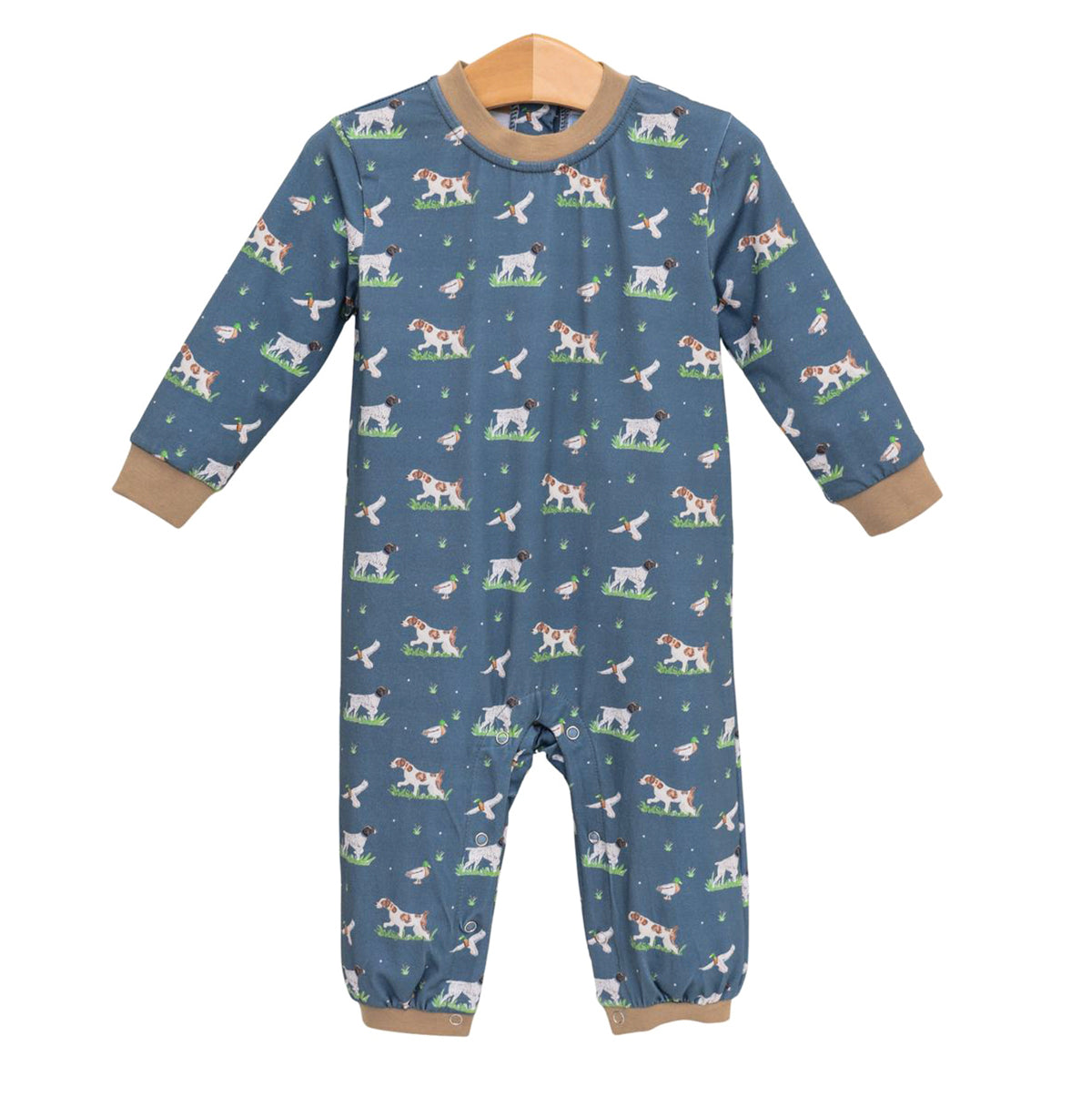 A boy's long-sleeve romper in slate blue featuring an all-over print of hunting dogs and mallards with tan ribbed trim.