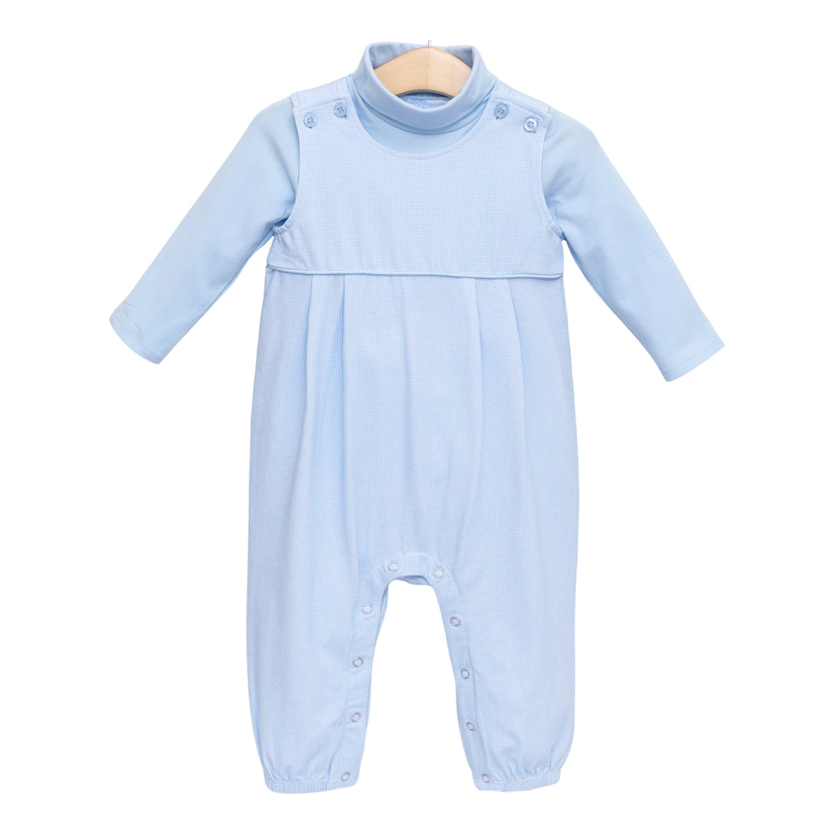 A light blue micro gingham toddler boy long-sleeve jon-jon paired with a solid light blue turtleneck.