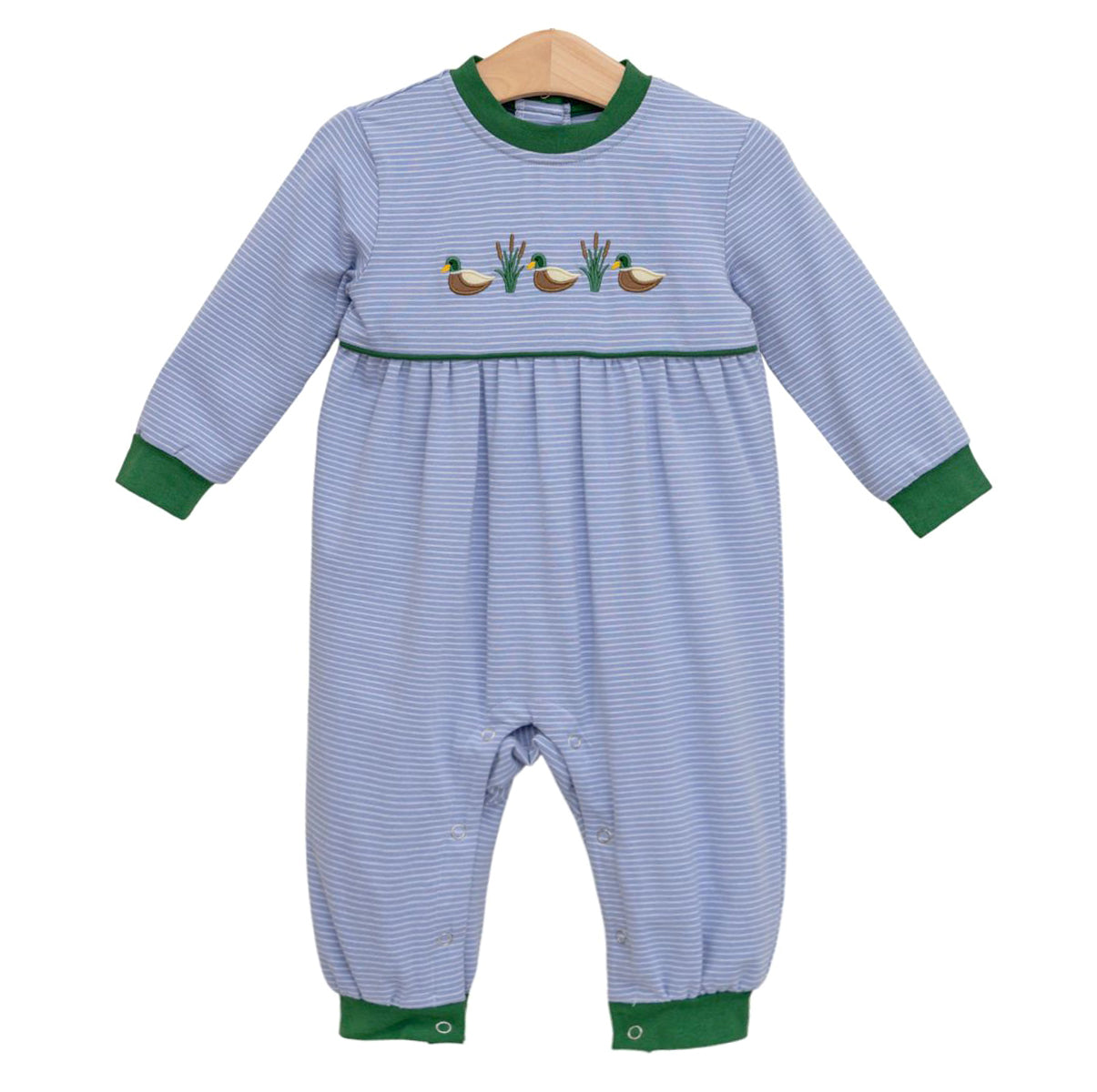 A baby boy long-sleeve romper in light blue and white stripes featuring green trim and embroidered ducks.