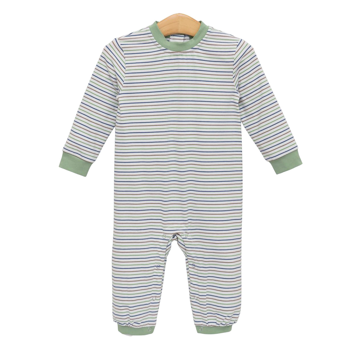 A baby long-sleeve romper with thin horizontal stripes in green, blue, tan and white with sage green ribbed cuffs and crewneck.