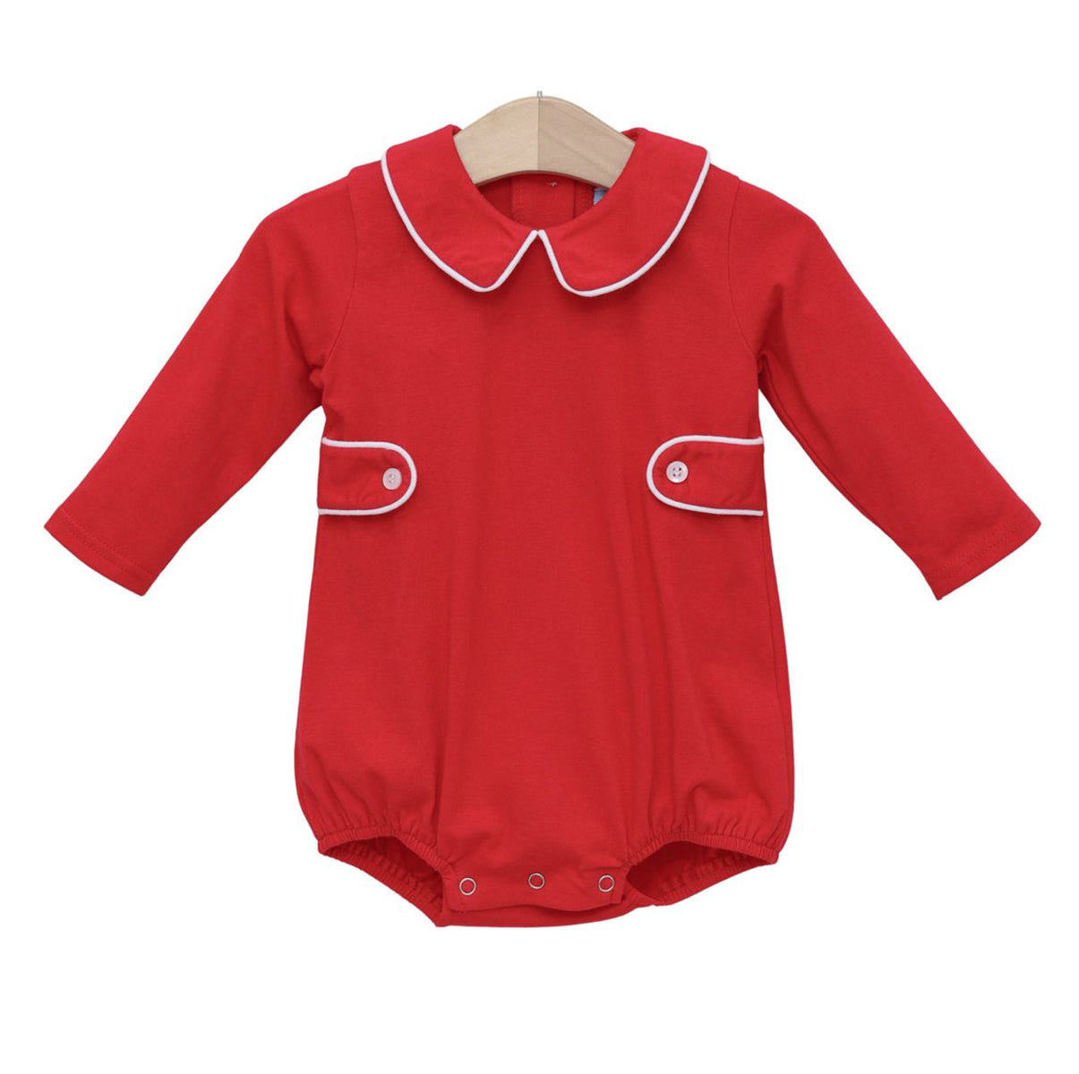 A red long-sleeve baby boy bubble romper with a white-trimmed Peter Pan collar and side tabs.