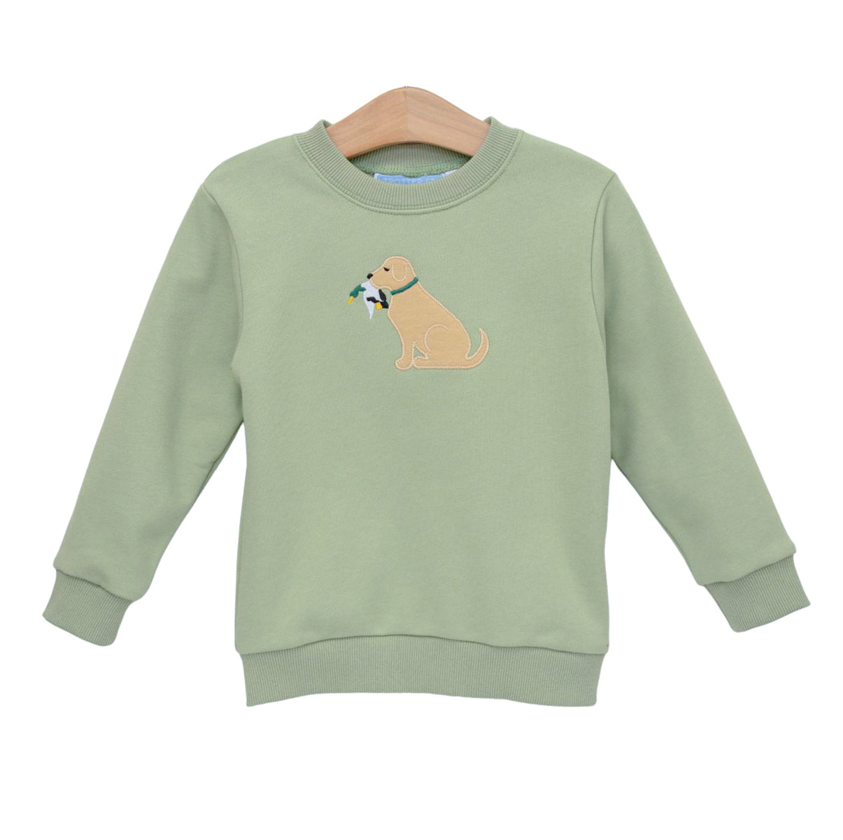 A sage green crewneck sweatshirt for toddler boys featuring an embroidered golden retriever holding a duck in its mouth.