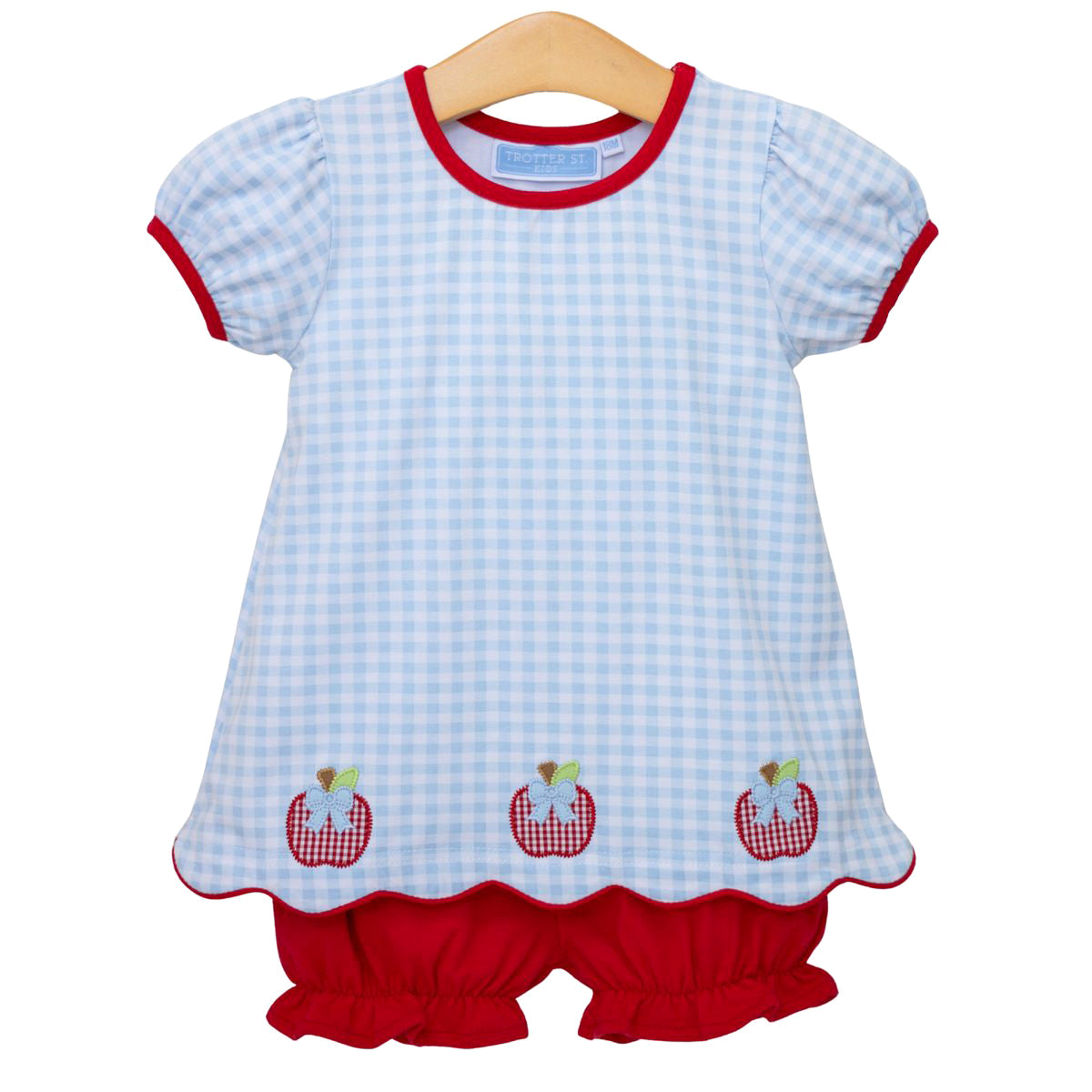 Girls back to school bloomer set with blue checkered pattern, appliqued red apples, and red bloomers.