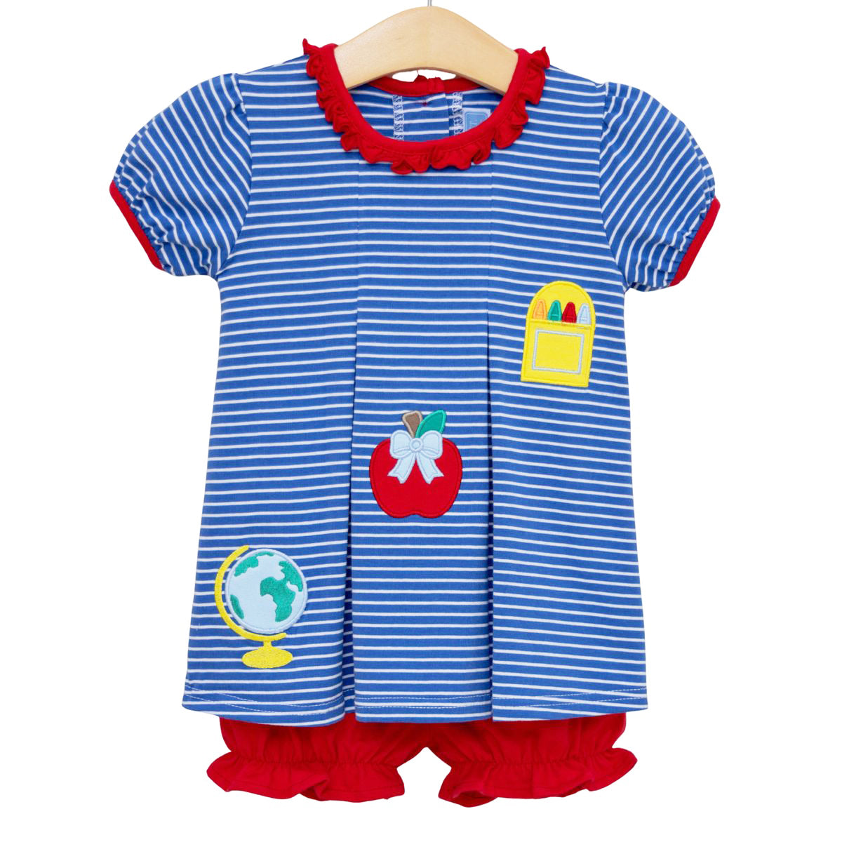 Girls back to school bloomer set with blue stripe pattern, appliqued school supplies, and red bloomers.