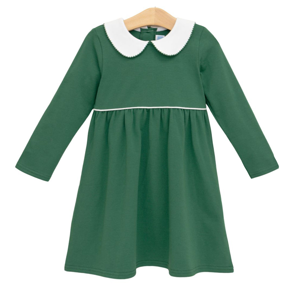 A green long-sleeve dress for girls featuring a white Peter Pan collar with white piping trim line at the waist.