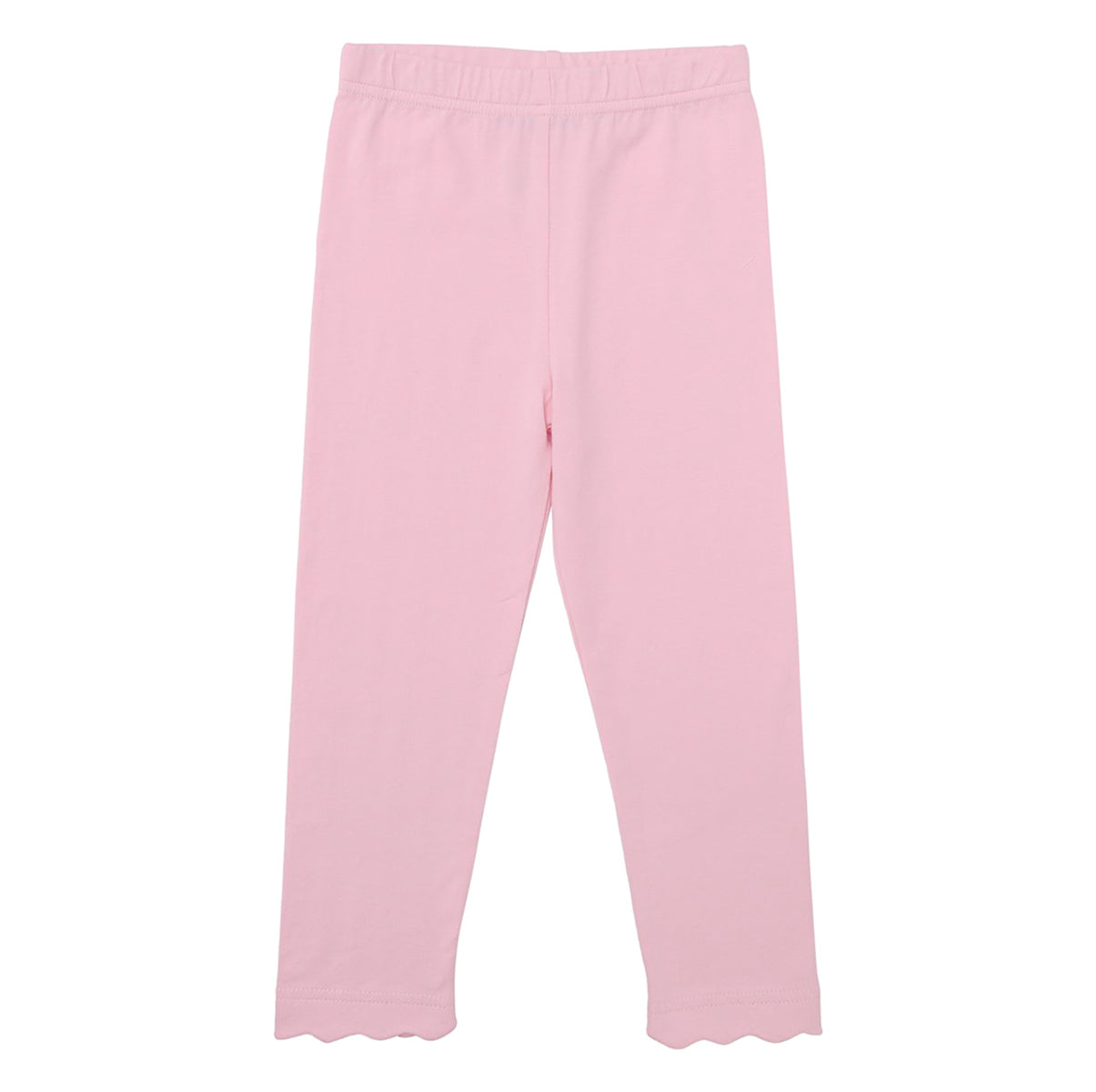 Light pink girl's leggings with an elastic waistband and scalloped ankle cuffs.
