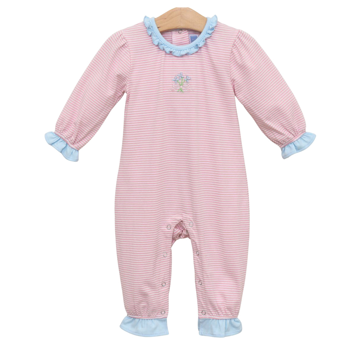 A baby girl's pink and white striped long-sleeve romper with light blue ruffle trim on the collar, cuffs, and ankles and embroidered floral bouquet.