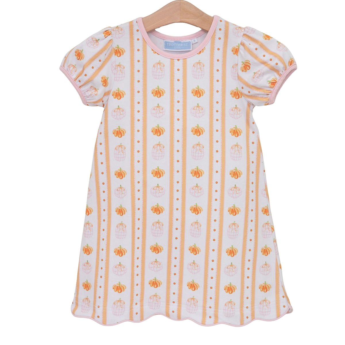 A short-sleeve toddler dress with puff sleeves, featuring a vertical striped pattern of orange and pink pumpkins.