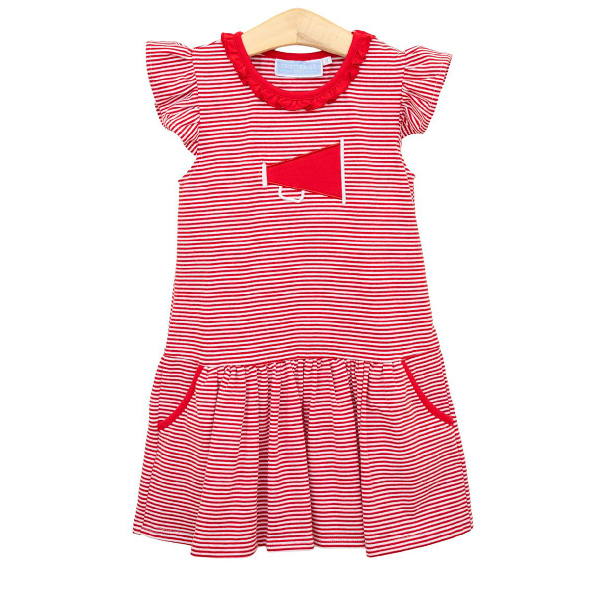 Red and white striped dropwaist dress with flutter sleeves, a cheerleader megaphone applique design and Trotter Street Kids tag.