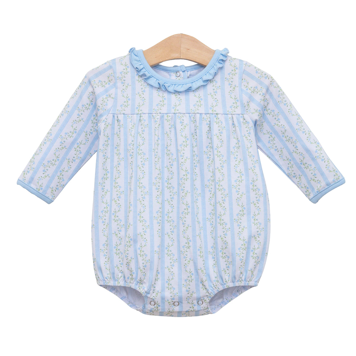 A baby long-sleeve romper in light blue  and white vertical stripes with a delicate green floral vine pattern, featuring a ruffled light blue collar.
