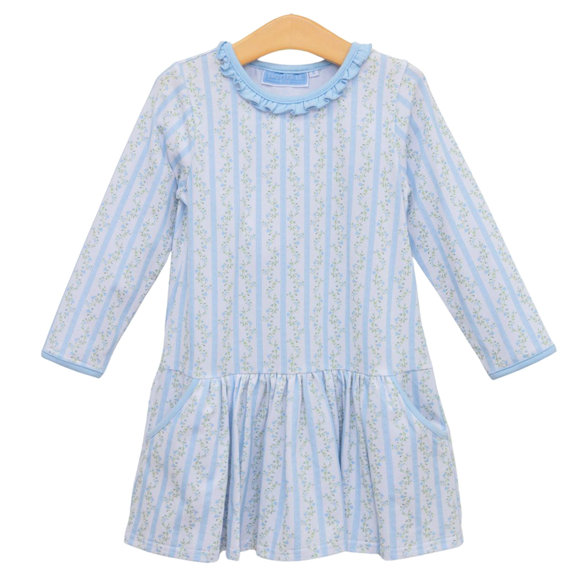 A light blue floral and white vertically striped long-sleeve dropwaist dress with a ruffled collar.