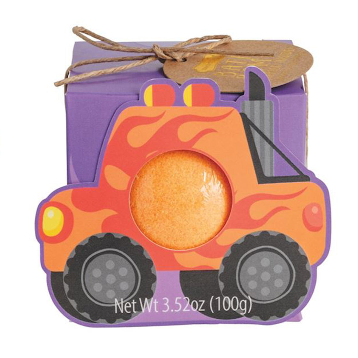 Boys monster truck shaped gift box with a kids bath bomb and tag