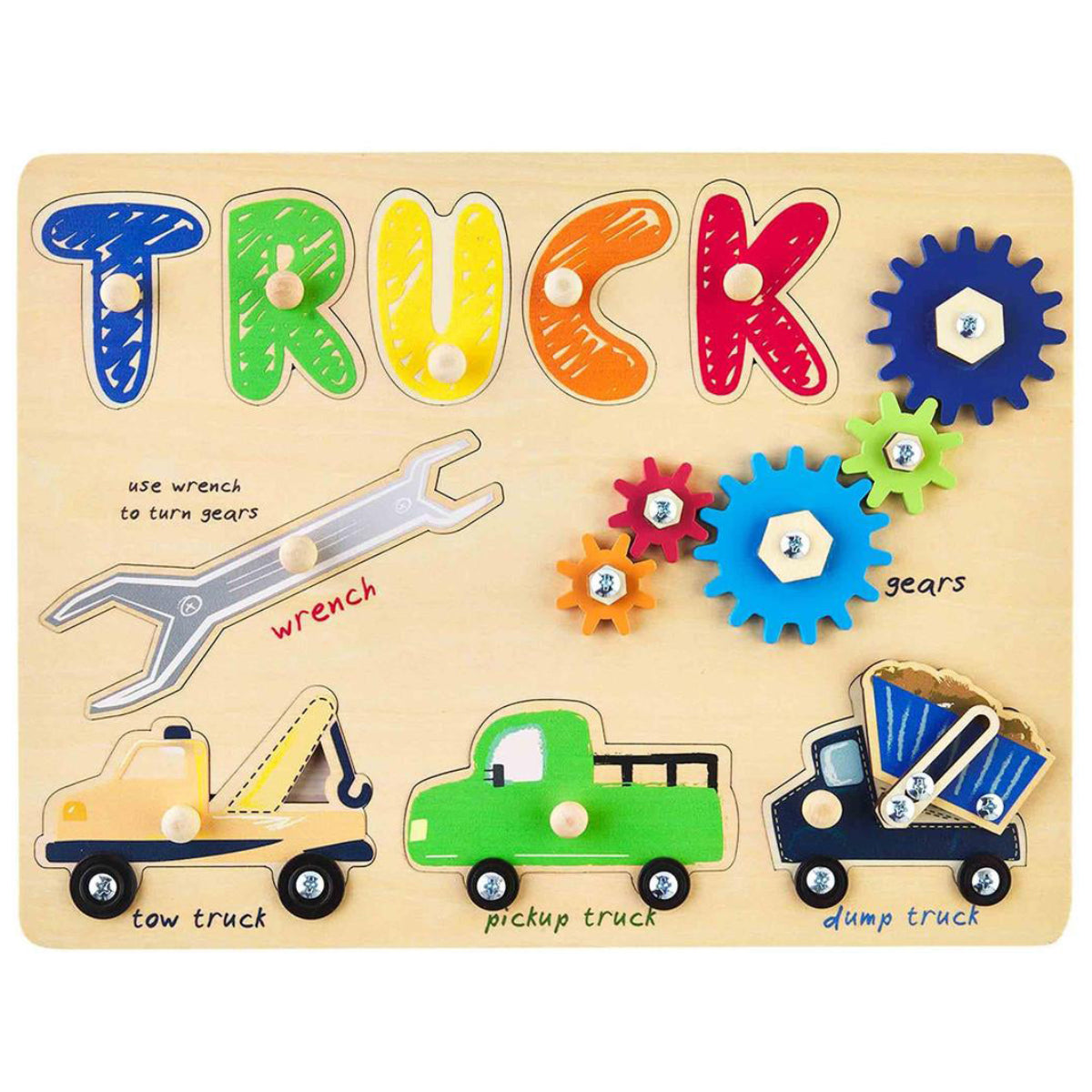 Wooden educational puzzle with colorful gears and toy trucks