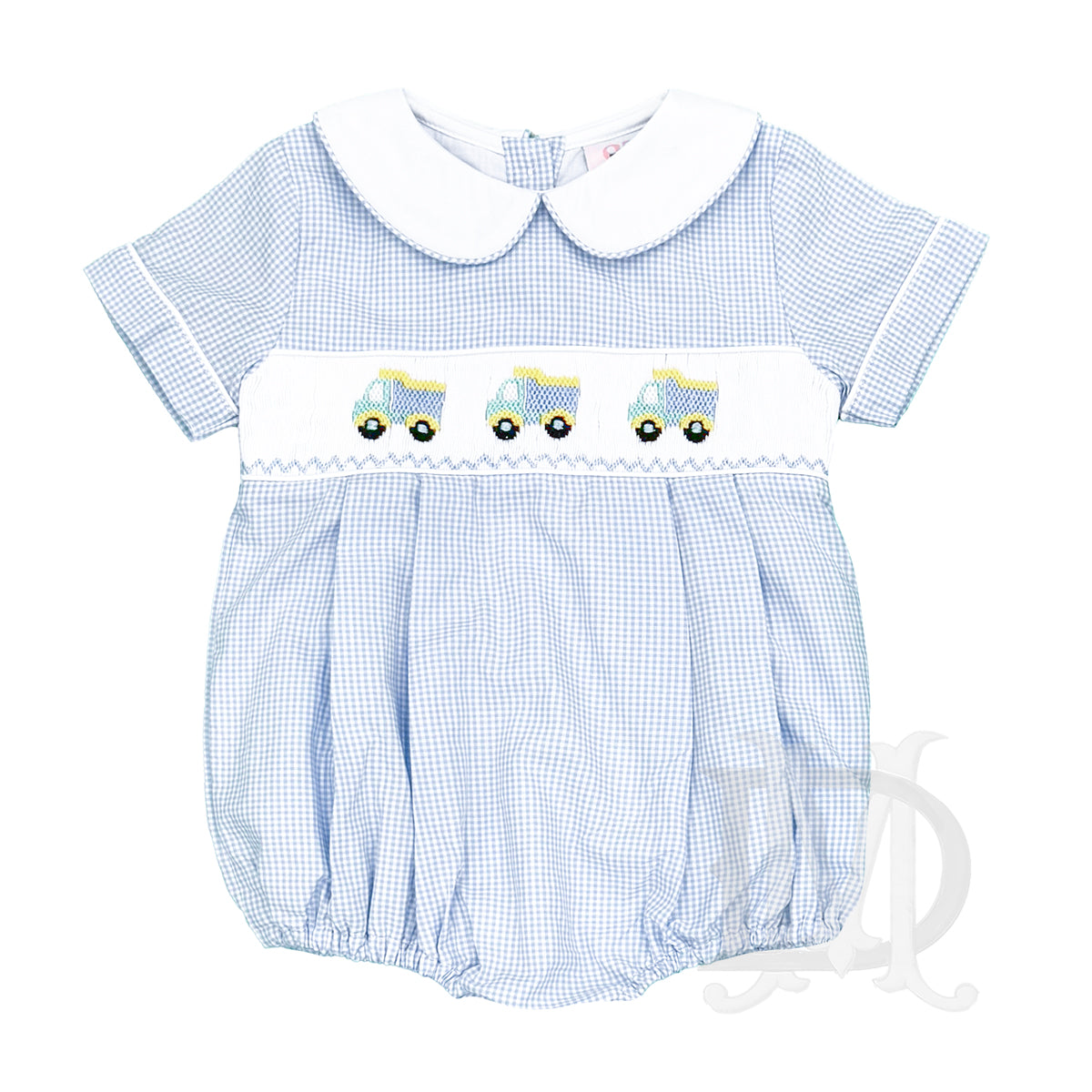 Boy's Smocked Trucks Blue Gingham Bubble