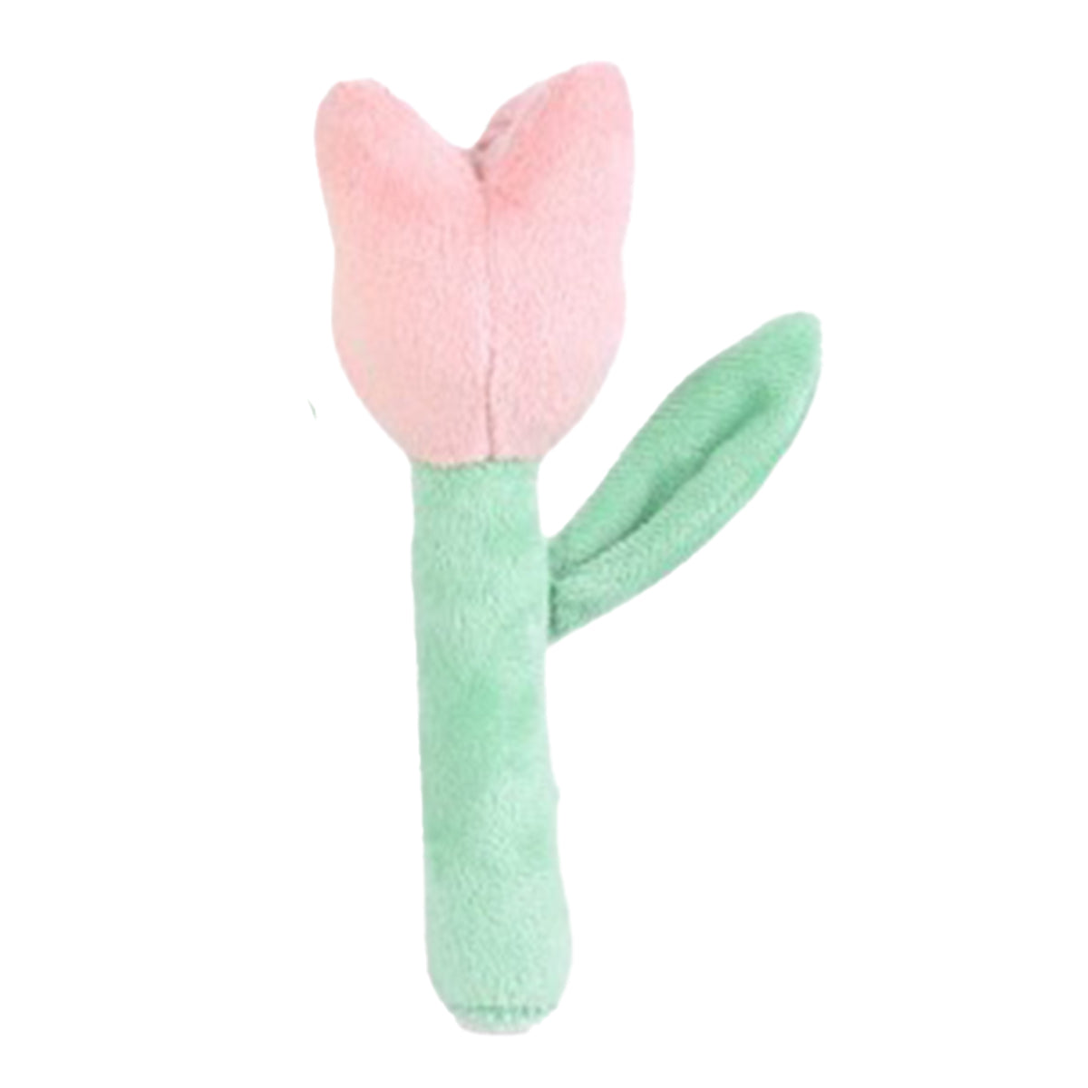 Light pink tulip flower shaped plush baby rattle.