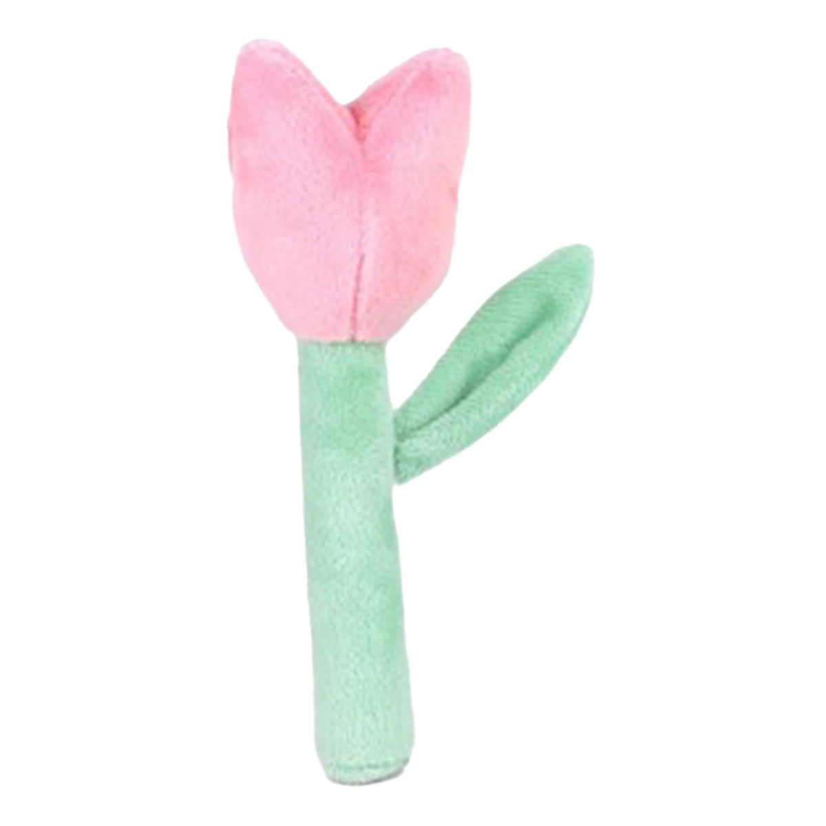 Pink tulip flower shaped plush baby rattle.