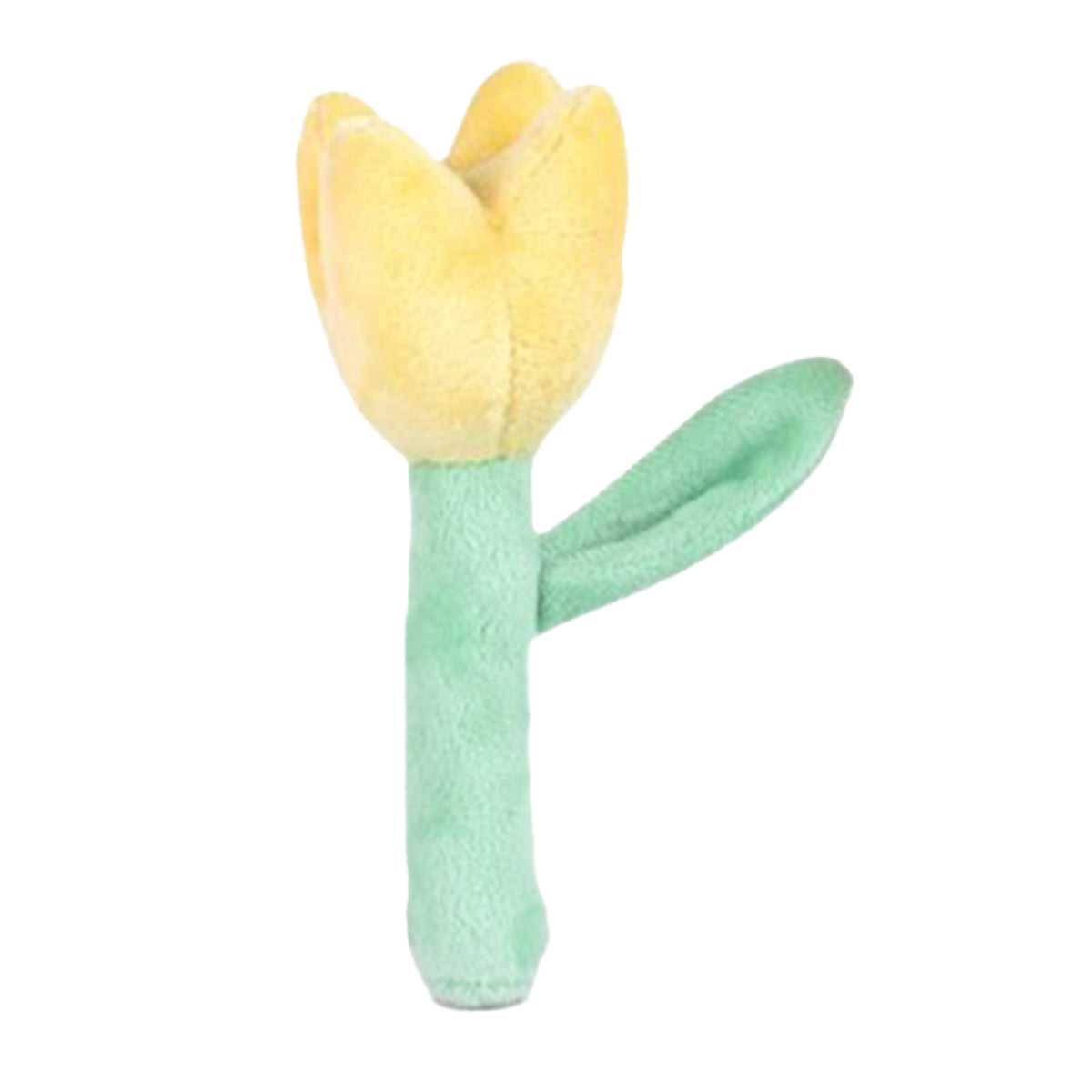Yellow tulip flower shaped plush baby rattle.