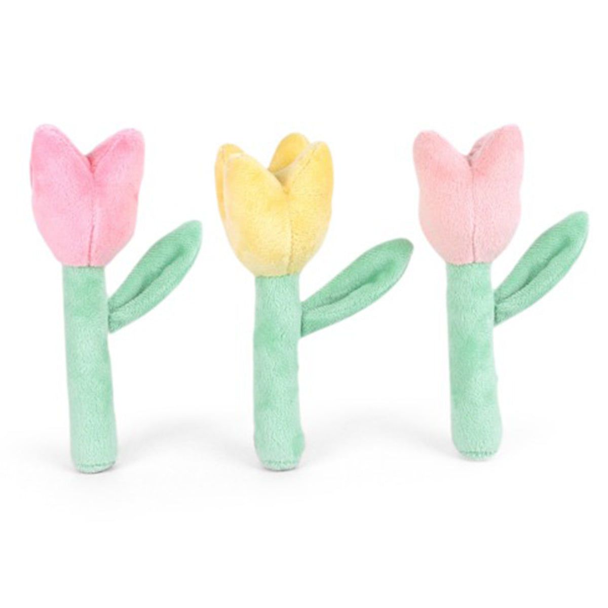 Pink, yellow, and light pink tulip flower shaped plush baby rattles.