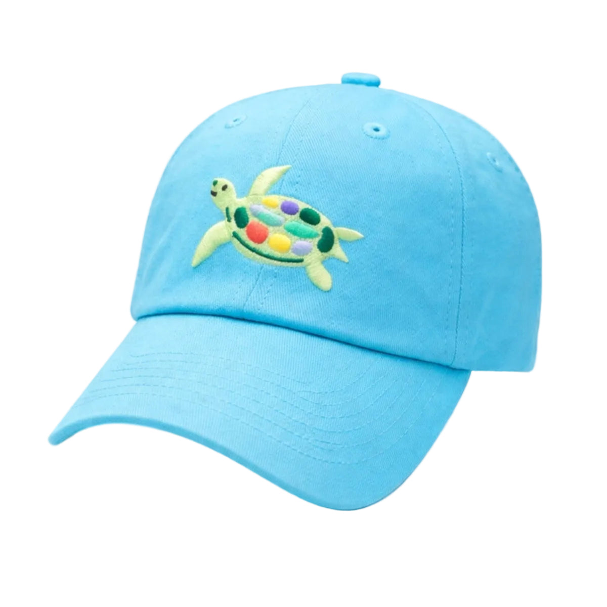 Turquoise twill ball cap with a colorful sea turtle embroidered design.