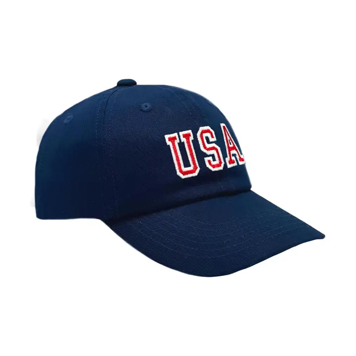 Girls navy blue ball cap with USA embroidered on the front and a white bow on the back.