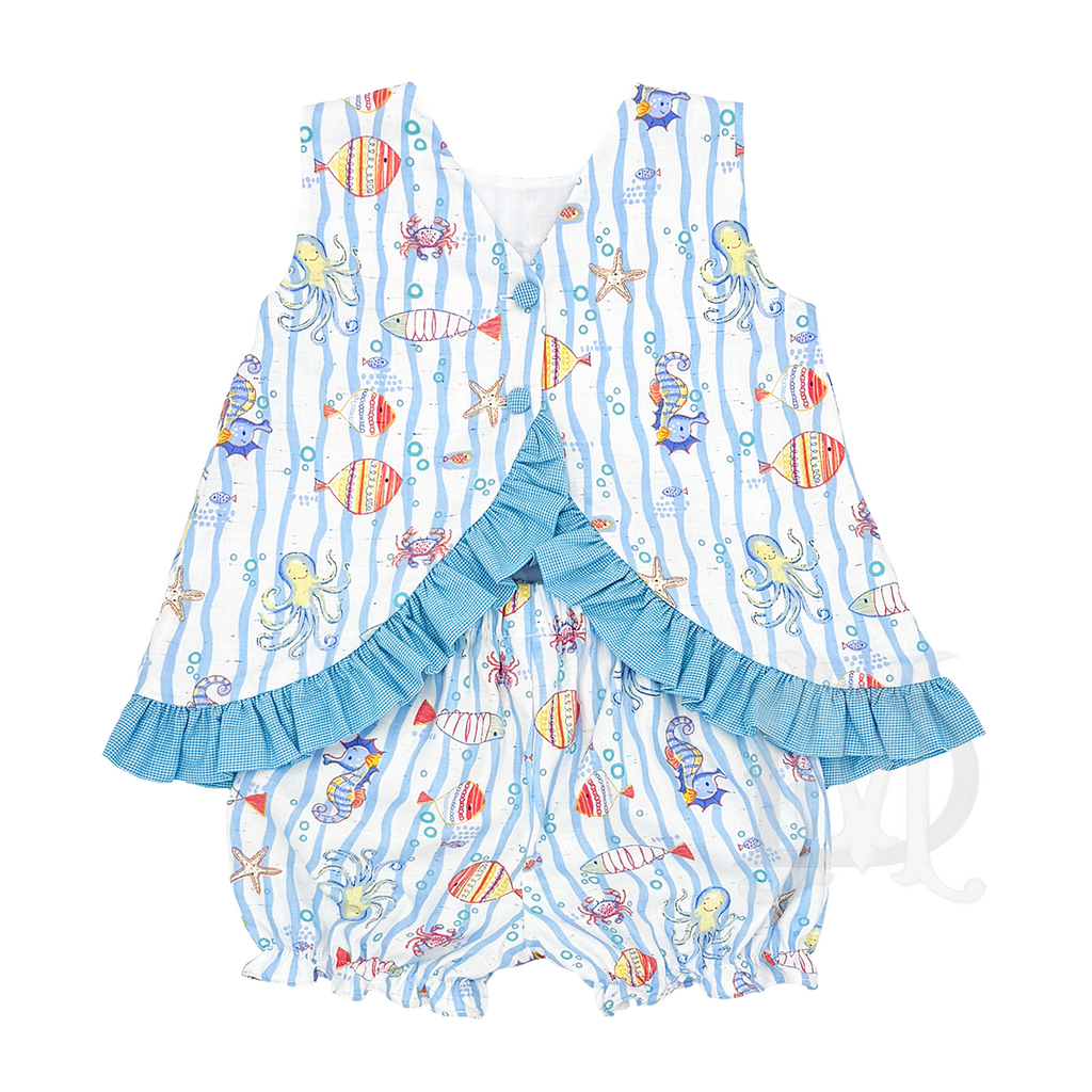 Back view of a girl's ocean-themed bloomer set with a tropical fish design and gingham check ruffle.