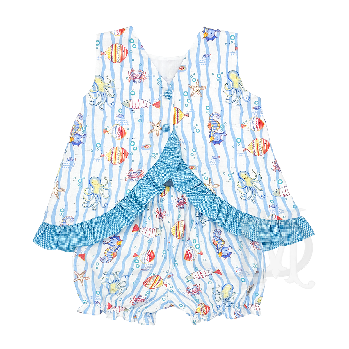 Back view of a girl's ocean-themed bloomer set with a tropical fish design and gingham check ruffle.