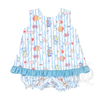 Girl's sleeveless bloomer set with an ocean-themed tropical fish design and gingham check ruffle.