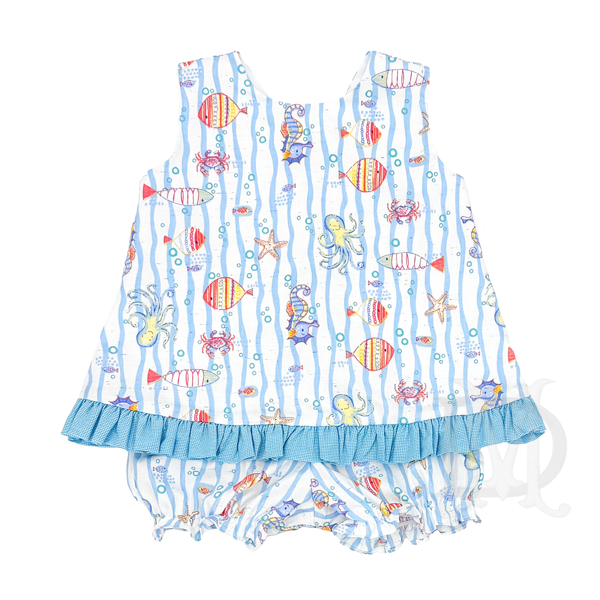 Girl's sleeveless bloomer set with an ocean-themed tropical fish design and gingham check ruffle.