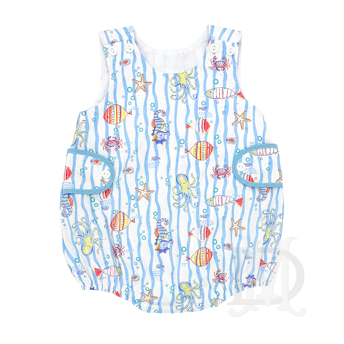 Baby boy's summer bubble with an ocean-themed tropical fish design and button side tabs.