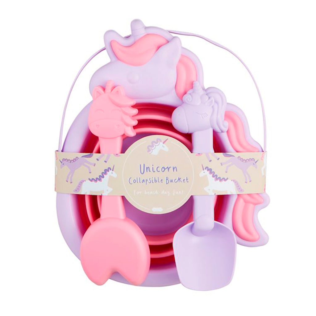 Collapsible purple sand bucket with unicorn design and pink shovel and rake.