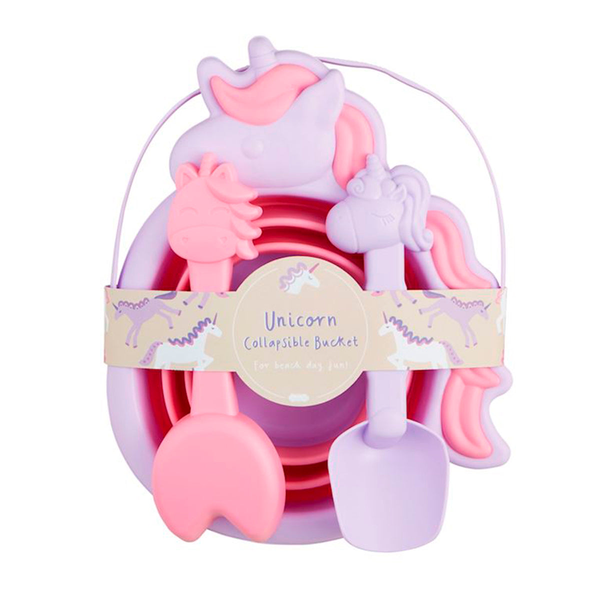 Collapsible purple sand bucket with unicorn design and pink shovel and rake.