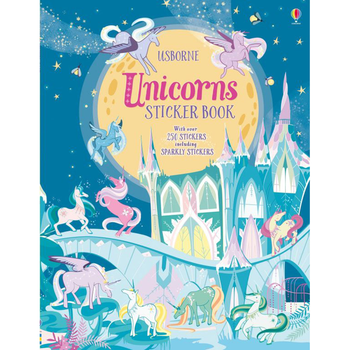Unicorns sticker book cover with colorful unicorns and castle design on a blue background