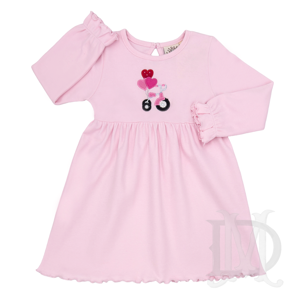 Girls pink Valentine's Day dress with a pink tricycle and heart balloons appliqué