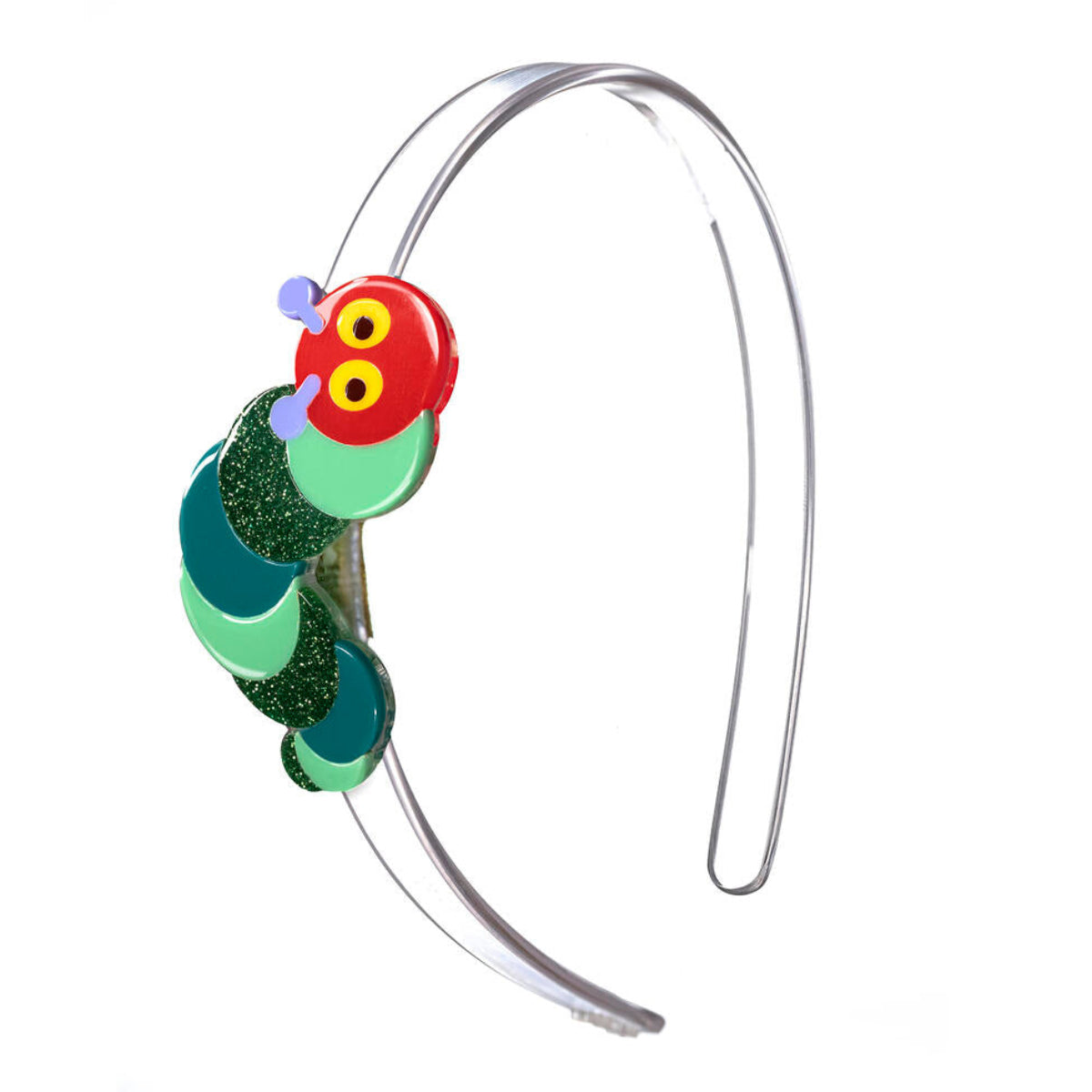 Colorful green caterpillar-shaped acrylic head band with glittery body