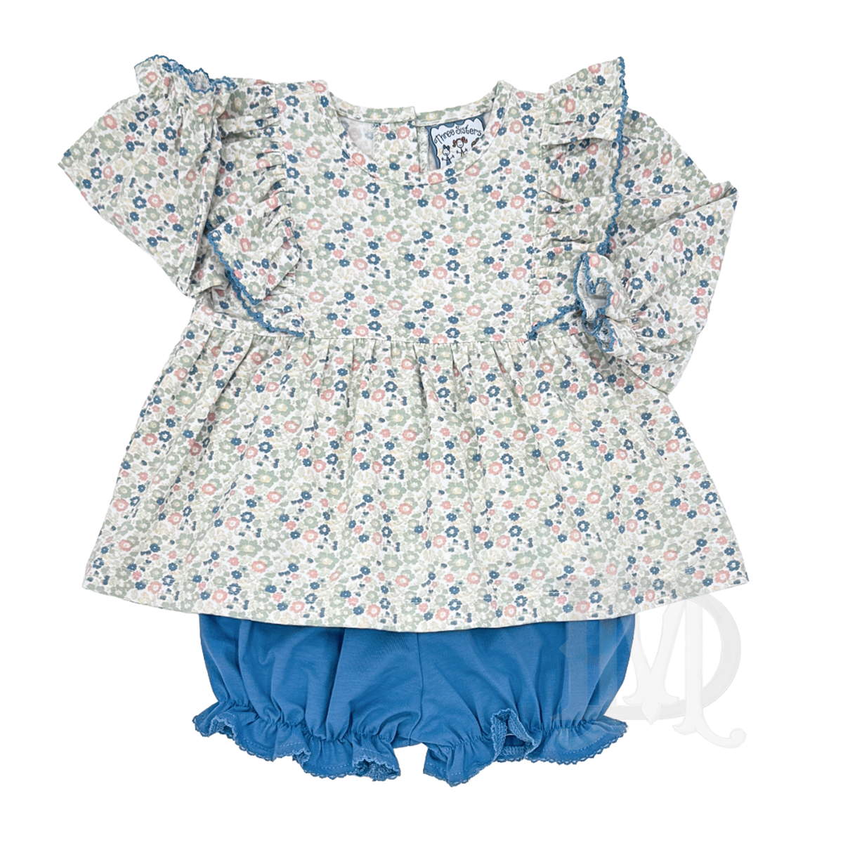 A baby girl's two-piece outfit set featuring a long-sleeve ruffle top with a blue, rose, and sage floral print on a cream background, paired with solid blue ruffled bloomers.