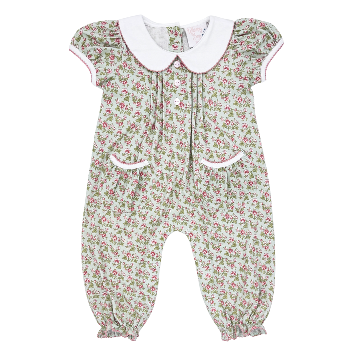 A baby girl's short-sleeve bubble romper featuring a pale green and pink Victorian floral print with a white Peter Pan collar and white trim.