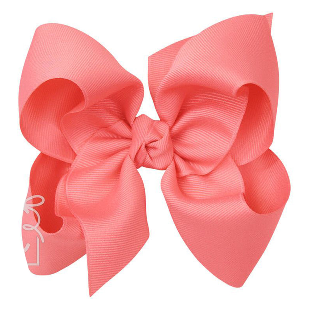 Large watermelon coral grosgrain classic hair bow with double knot center.