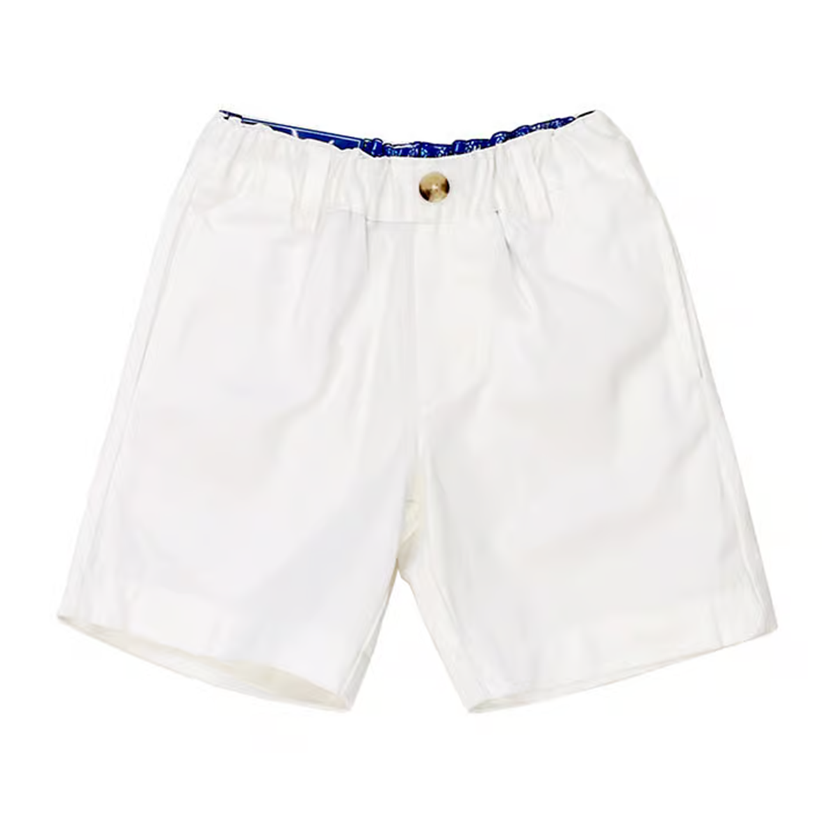Boy's white shorts with a tortoise shell button and blue J Bailey lined elstic waistband.