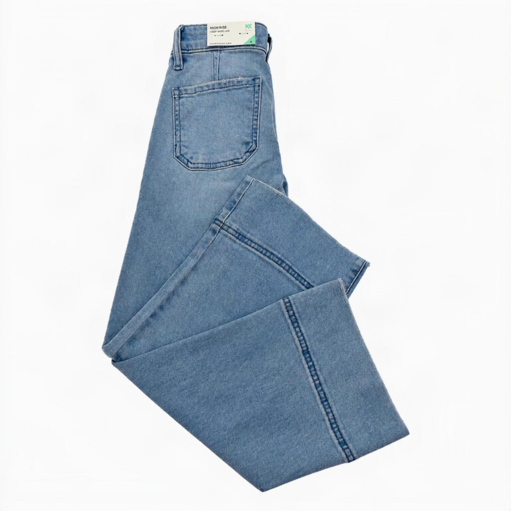 Light blue denim jeans folded to show the back pocket and waistband, with a small paper size tag visible inside the waistband, on a plain white background.