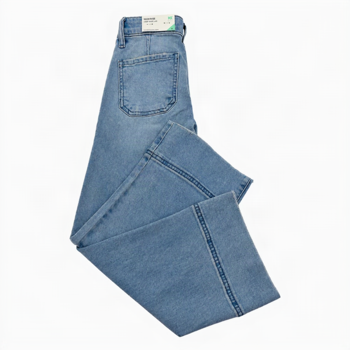 Light blue denim jeans folded to show the back pocket and waistband, with a small paper size tag visible inside the waistband, on a plain white background.