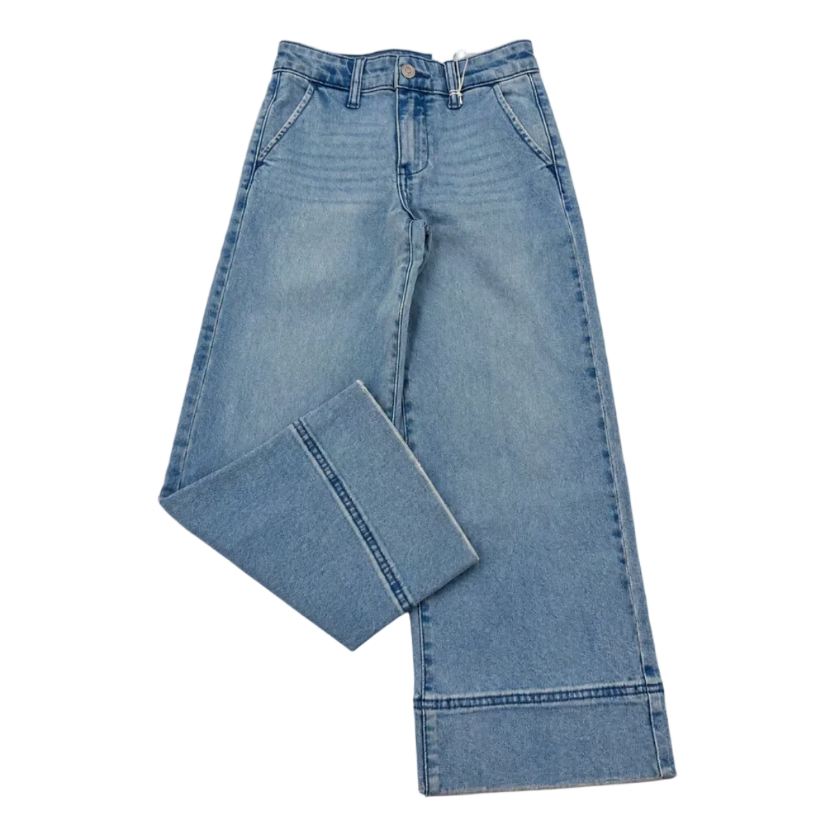 Light blue denim jeans with a wide-leg, straight-to-relaxed fit, featuring a folded cuff on one leg, shown against a plain white background.