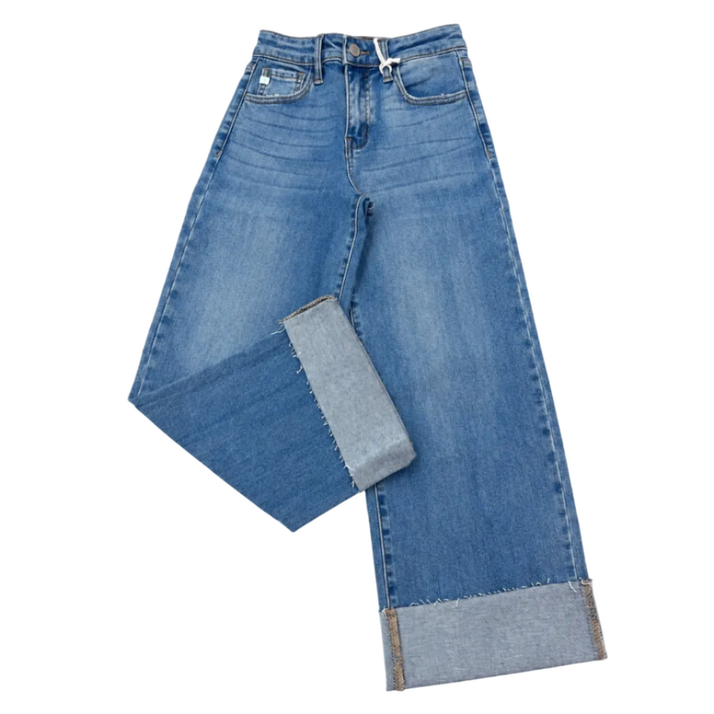 Light blue wide-leg denim jeans with rolled cuffs showing a lighter inner denim lining, photographed flat on a white background.