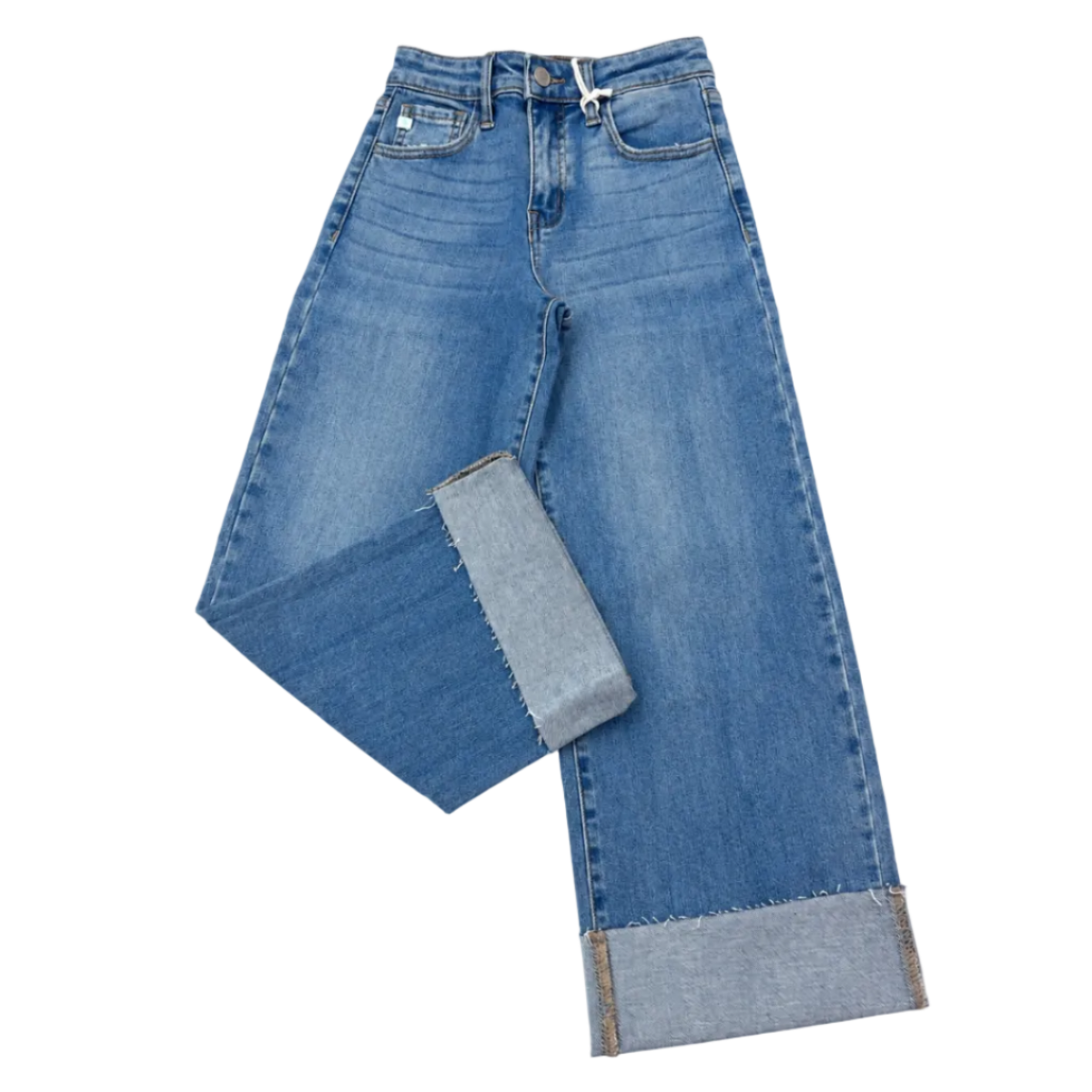 Light blue wide-leg denim jeans with rolled cuffs showing a lighter inner denim lining, photographed flat on a white background.