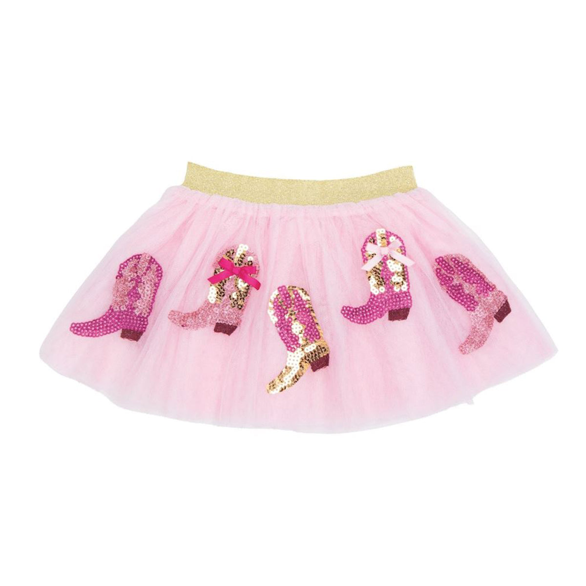 Pink check tutu skirt with sequined cowboy boots and a gold shimmery waistband.